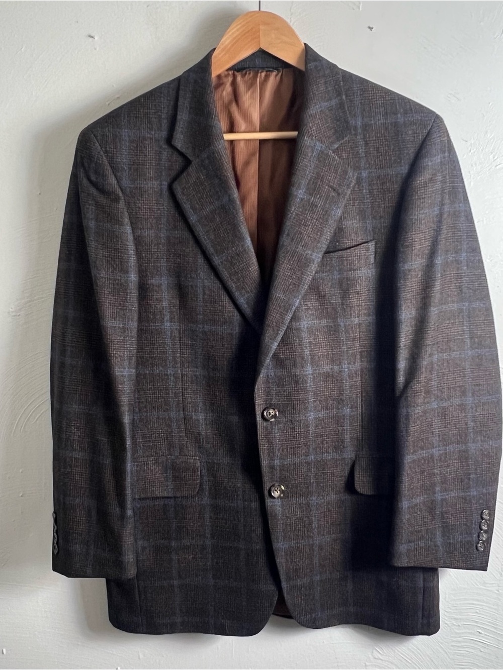 Jack Victor Cashmere Wool Blue Brown Plaid Sport Coat Blazer 39R